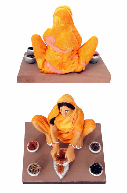 Niharika Collections Krishnanagar Handmade Clay Gift & Décor | Basic- Sitting Human Figure Miniature Idol - Spice-Grinding Woman, 12 x 10 Cm, Multicolour