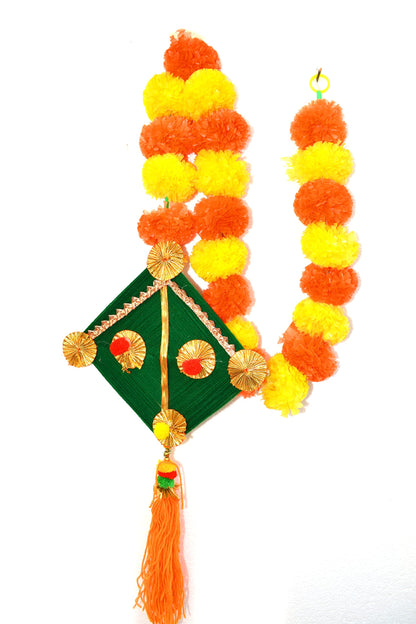 Artificial Marigold Fluffy Flowers with Handmade Woolen Kite Shape Wall Door Hanging Latkans for Diwali, Wedding, Home Decoration (6 Pcs)