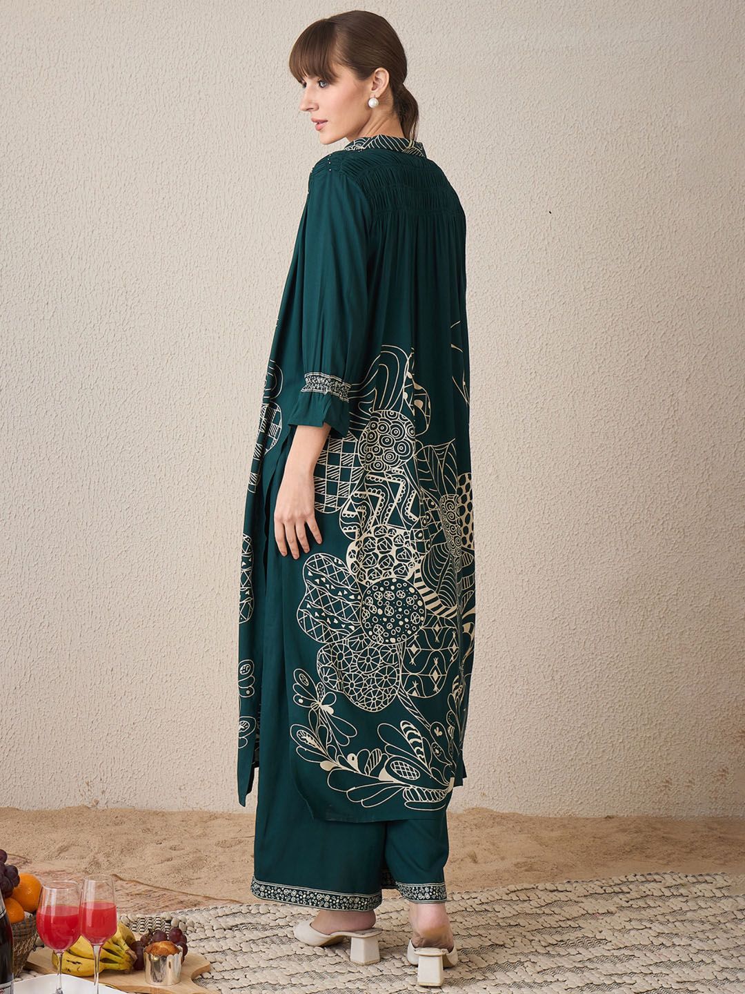 Floral Printed Shirt Collar A-Line Kurta With Trousers