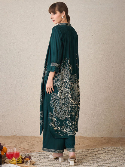 Floral Printed Shirt Collar A-Line Kurta With Trousers