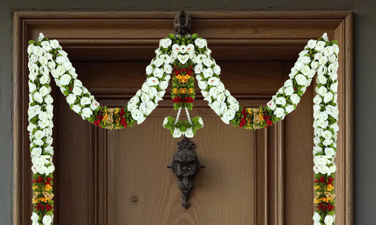 Toran for Main Door Entrance, Bandarwal for Festival, Pooja Mandir & Wedding, Handmade Traditional Flower Hanging for Home & Office Decor (White)