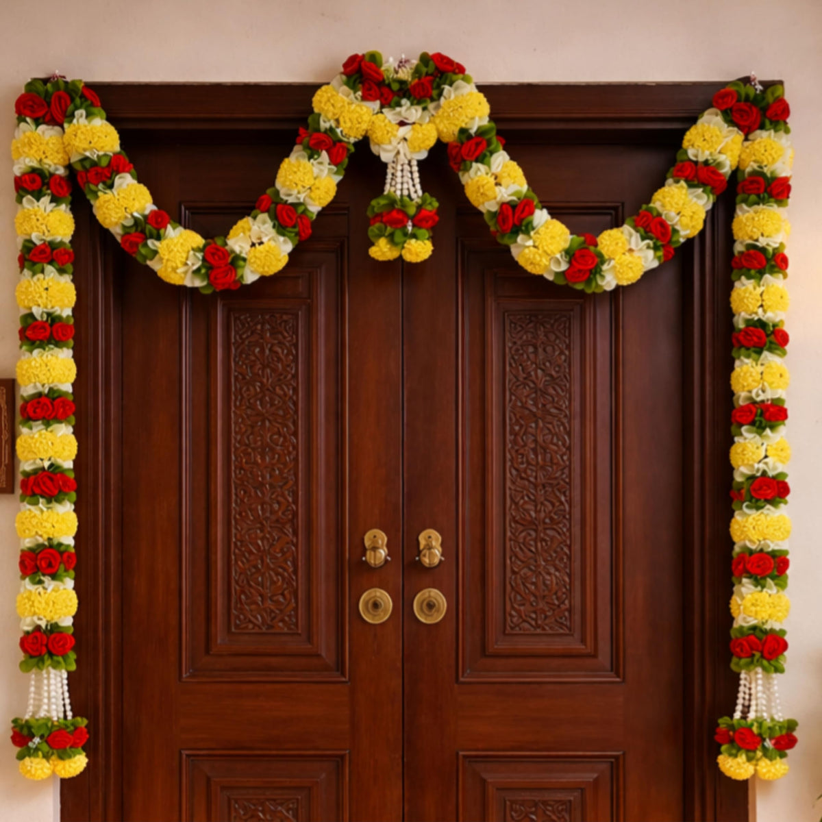 Yellow & Red Hanging Artificial Flower Toran for Main Door Entrance, Reusable Thoran for Pooja Mandir, Living Room & Home Décor, Bandarwal for Festival Decoration (56x33 inch)
