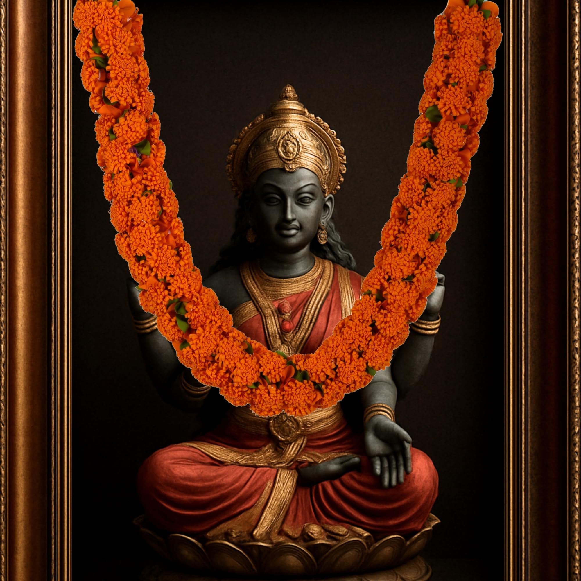 Shevanti Orange Flower Garland for Pooja Mandir Decoration, Hanging Mala for Photo Frame, Haar Mala for God Idols, Photo Frames of Loved Ones, Ancestors, Pitra (40 inch)