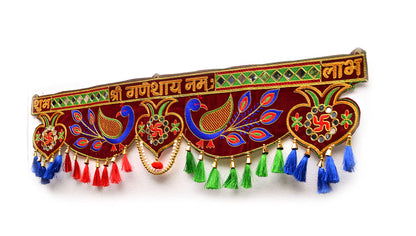 Embroidery Handmade Peacock Toran, 3 Ft Length, Multicolour, Beads, Fabric, Straight