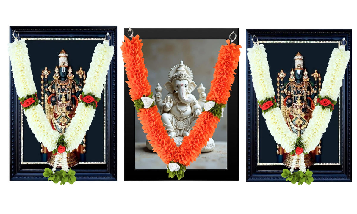 Handcrafted Artificial Flower Garland, 20 Inches Garland for Photo Frame, God Idol, Home Decor, Ugadi, Sankranti, Varalakshmi, Diwali, Navaratri & Wedding (Pack of 3)
