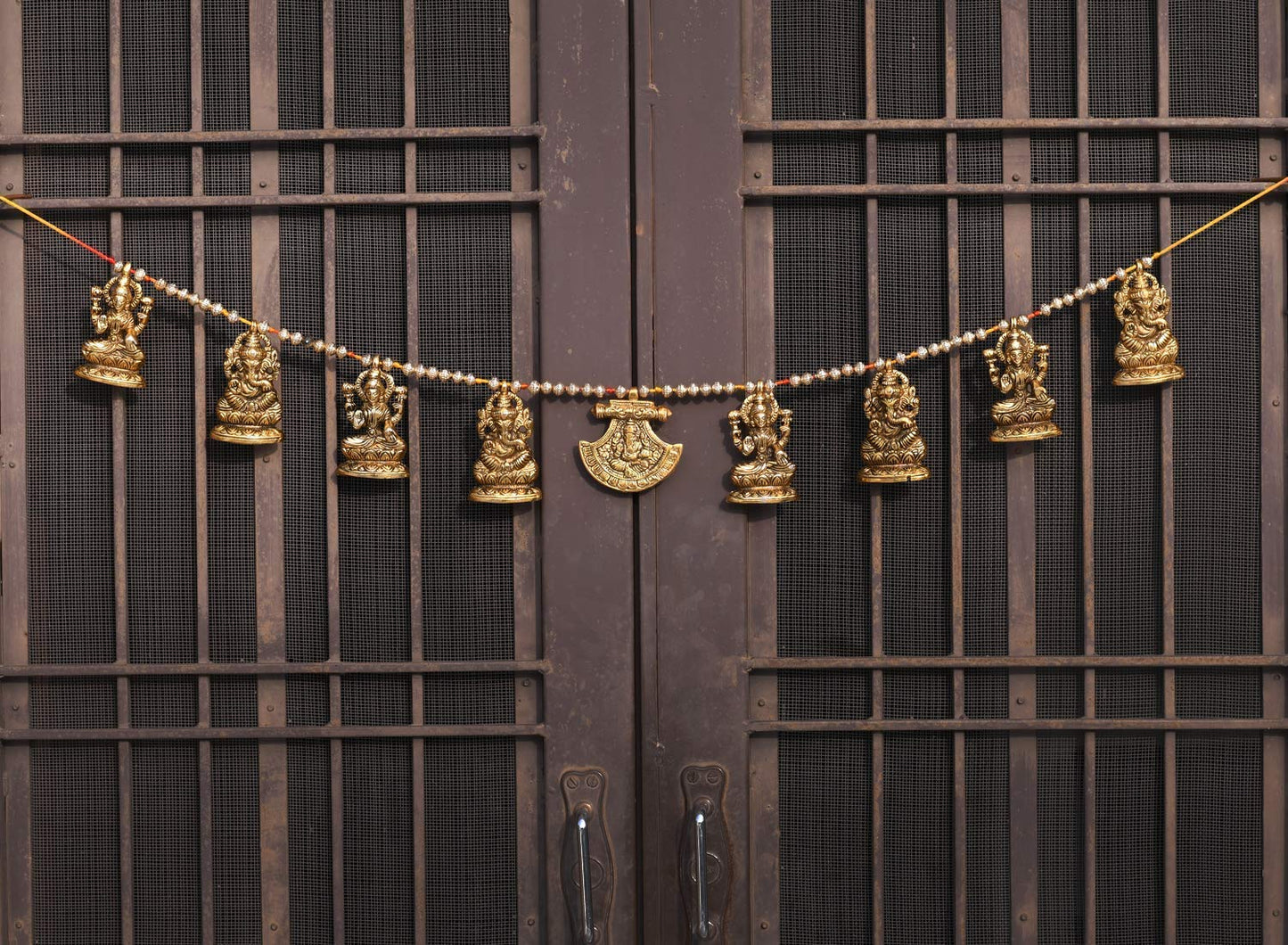 Metal Door Hanging Toran Bandarwal Set of 10 for Home Decoration/Lakshmi Ganesha Toran Mandir Temple (35 x 3.5 inch, Gold)