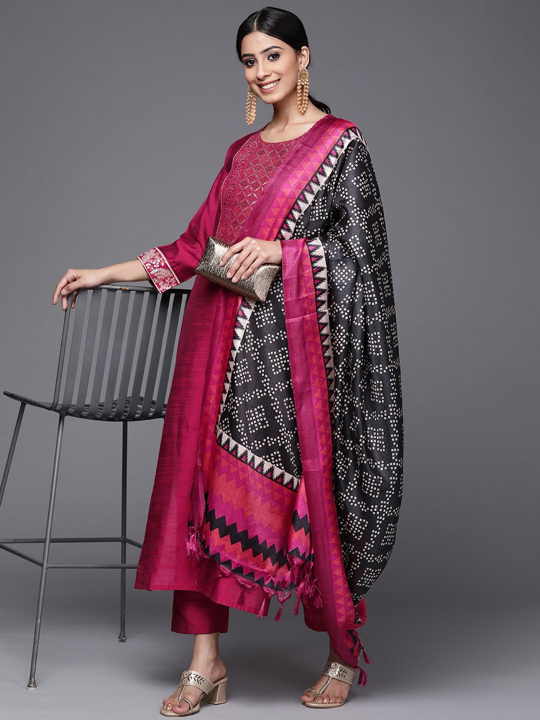 Dhiyona VA Women'sBrocade Yoke with Gota Detail Kurta with Trouser with Bandhani Printed Dupatta