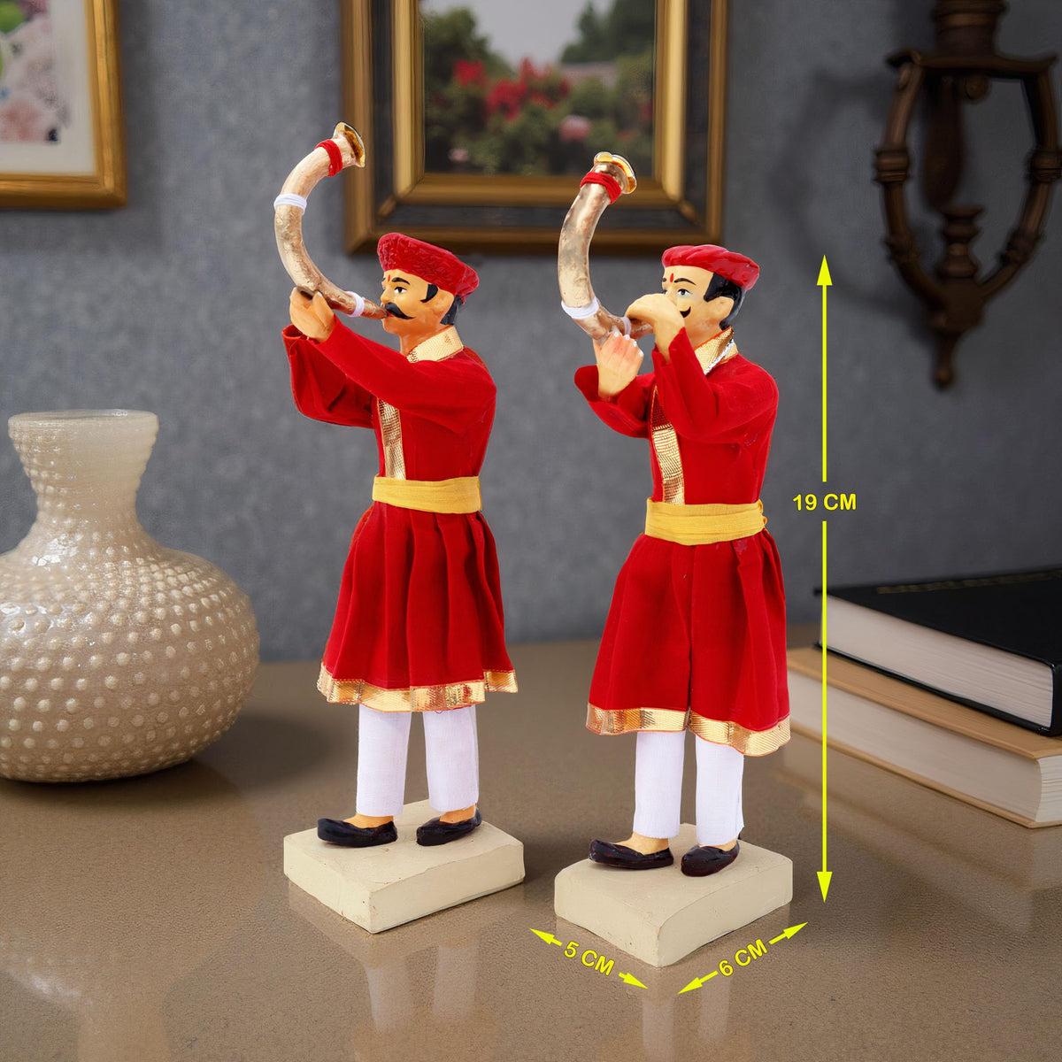 Niharika Collections Handmade Clay Terracotta | MAVALA TUTARI Player - Set of 2 | Royal Horn Blowers Miniature Idols