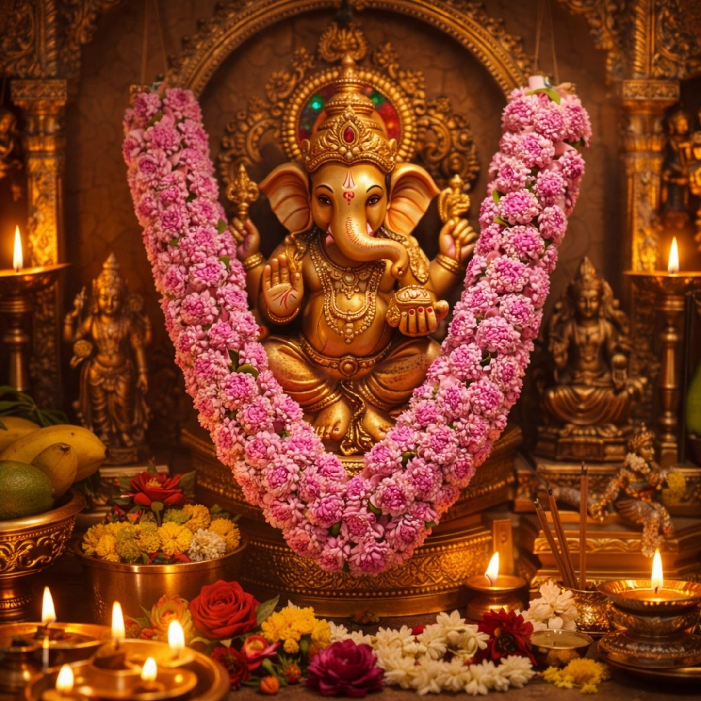 Shevanti Light Pink Flower Garland for Pooja Mandir Decoration, Hanging Mala for Photo Frame, Haar Mala for God Idols, Photo Frames of Loved Ones, Ancestors, Pitra (40 inch)
