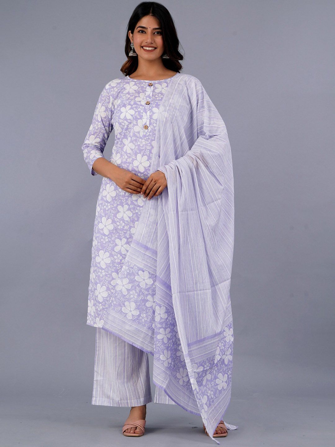 Dhiyona KL Floral Printed Pure Cotton Kurta With Palazzo & With Dupatta