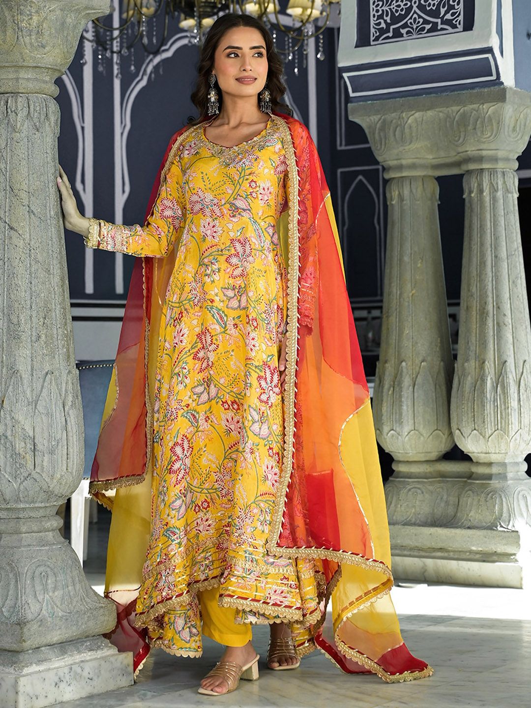 Dhiyona KL Floral Printed Thread Work Anarkali Kurta & Trousers With Dupatta