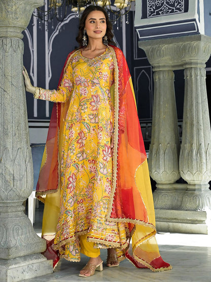 Dhiyona KL Floral Printed Thread Work Anarkali Kurta & Trousers With Dupatta
