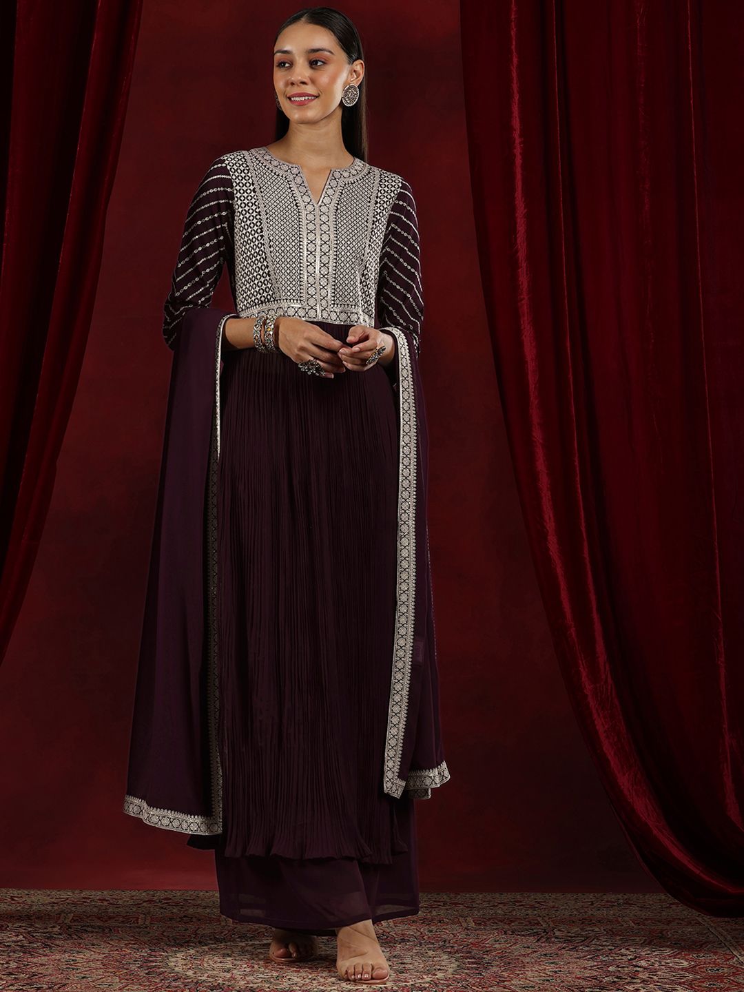 Dhiyona LL Ethnic Motifs Embroidered Sequinned Georgette Kurta with Palazzo & Dupatta