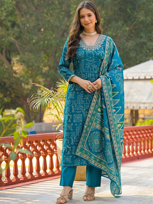 Dhiyona KL Women Ethnic Motifs Printed Regular Thread Work Kurta with Trousers & With Dupatta
