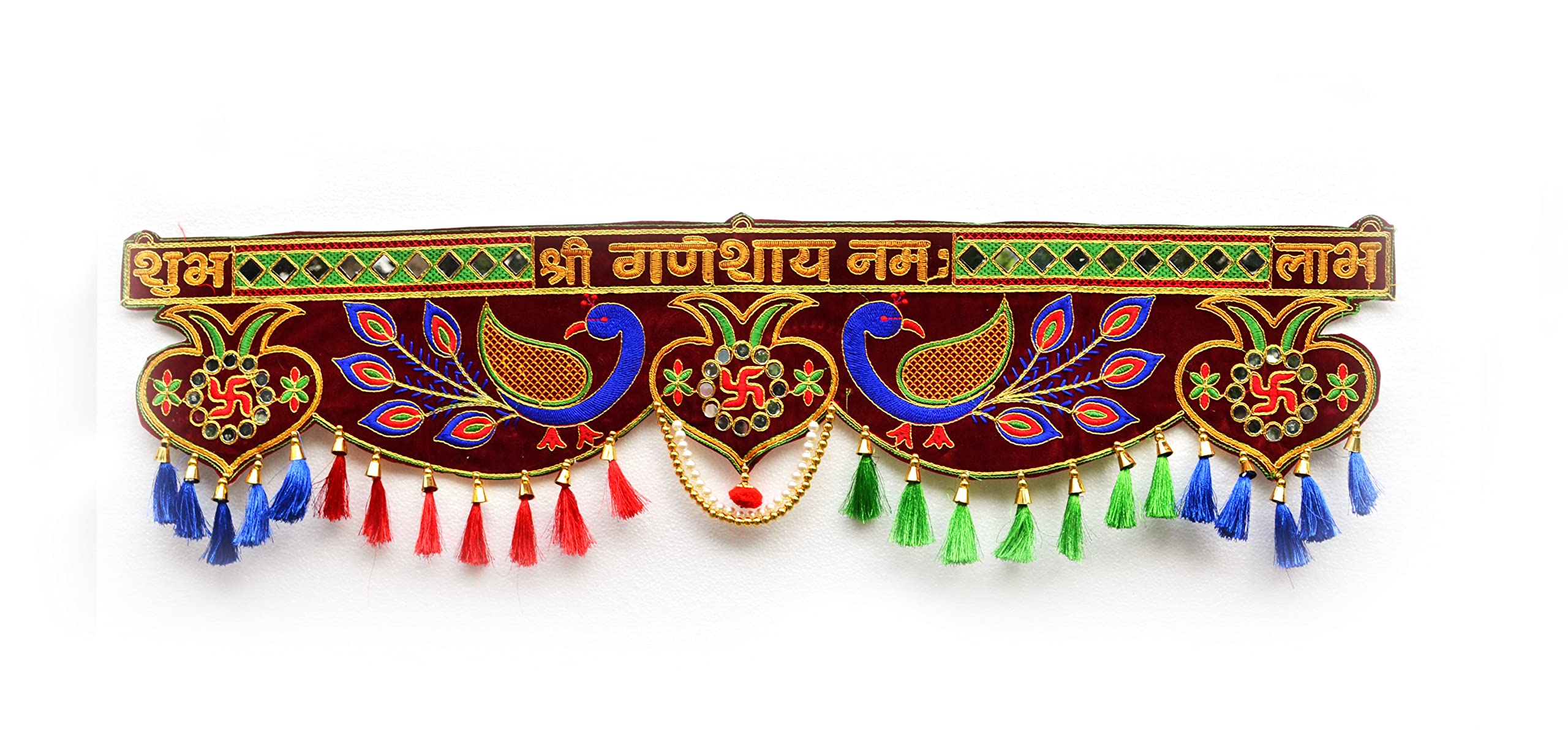 Embroidery Handmade Peacock Toran, 3 Ft Length, Multicolour, Beads, Fabric, Straight