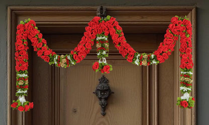 Toran for Main Door Entrance, Bandarwal for Festival, Pooja Mandir & Wedding, Handmade Traditional Flower Hanging for Home & Office Decor (42 inches 18 inches) Red