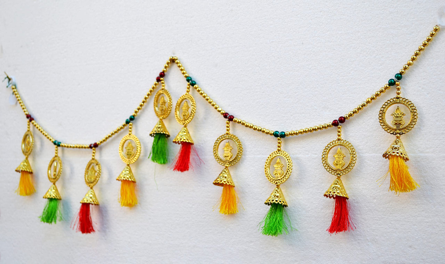 Kalash Pearl Beads Toran, Traditional Toranam, Pom Pom Hanging Bandarwal for Main Entrance Door Pooja Room Wall Home Decoration Handmade Latest Traditional Design (Type 12)