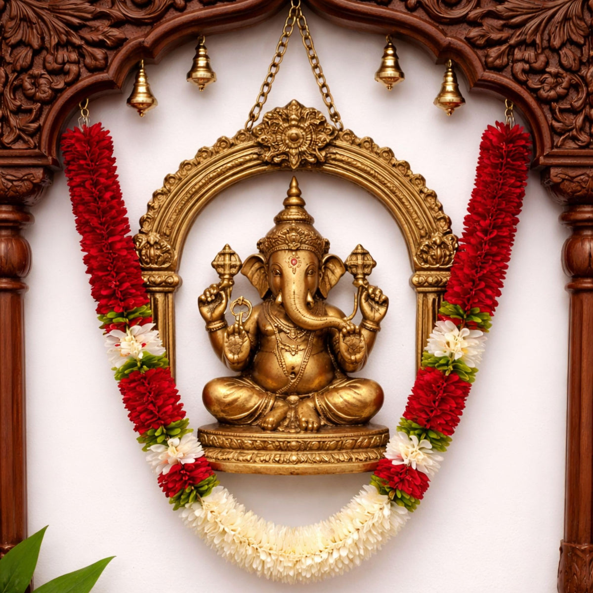 Flower Garland for Pooja Mandir Decoration, 40 Inches Hanging Mala for Photo Frame, Haar Mala for God Idols, Photo Frames of Loved Ones, Ancestors, Pitra & Pooja Room Décor (Red)