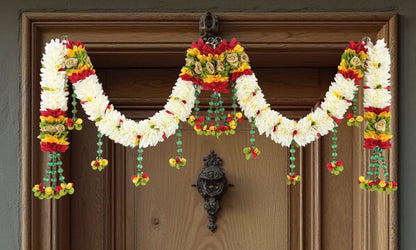 Toran for Main Door Entrance, Bandarwal for Festival, Pooja Mandir, Wedding & Home Decor, Handmade Traditional Flower Hanging for Home & Office Decor (42 inches x 14 inches) Cream