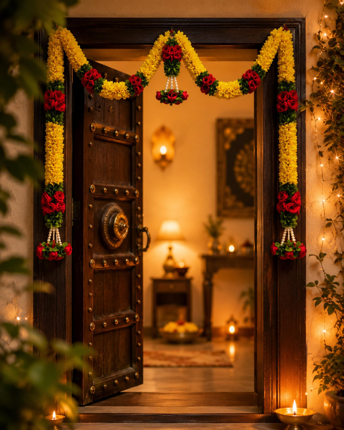 Artificial Flower Door Hanging Toran for Main Door Decoration, Floral Bandarwal with Lemon Yellow & Red Roses for Home, Mandir, Wedding & Festive Décor
