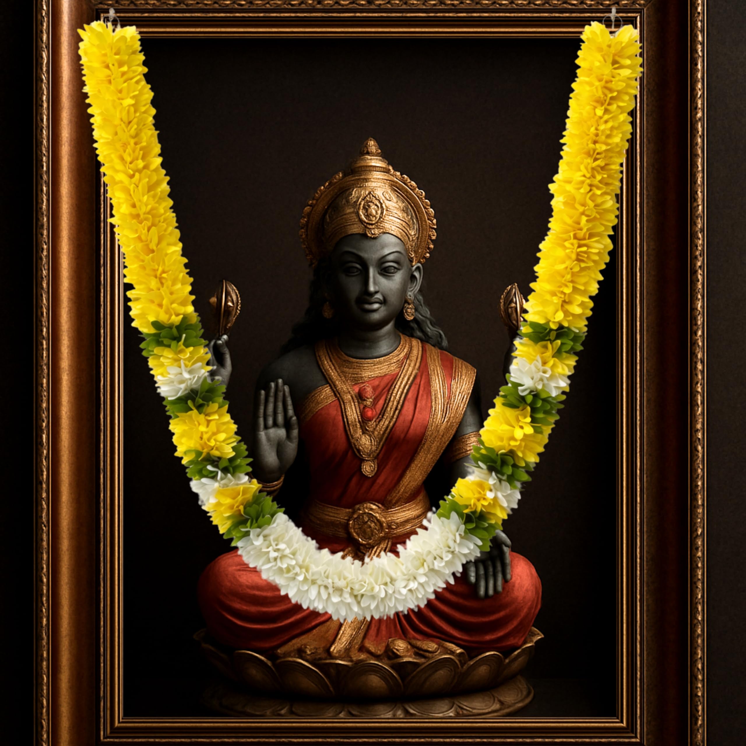 Flower Garland for Pooja Mandir Decoration, 40 Inches Hanging Mala for Photo Frame, Haar Mala for God Idols, Photo Frames of Loved Ones, Ancestors, Pitra & Pooja Room Décor (Yellow)