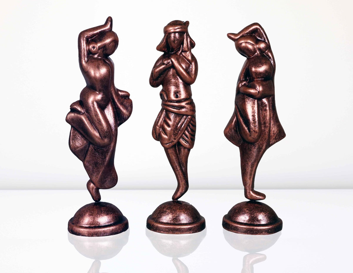Niharika Collections Handmade Clay Terracotta Abstract Sculpture Krishna with Gopiya Idol for Gifts and Décor |Metallic Bronze| Set of 3