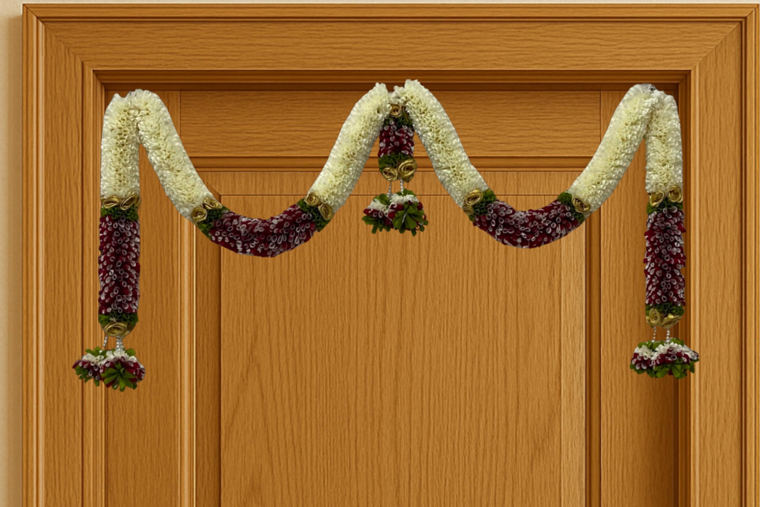 Artificial Flower Door Toran for Main Door Decoration, Golden Yellow & Maroon Floral Hanging Bandarwal for Home, Mandir, Wedding, Festival & Pooja Décor