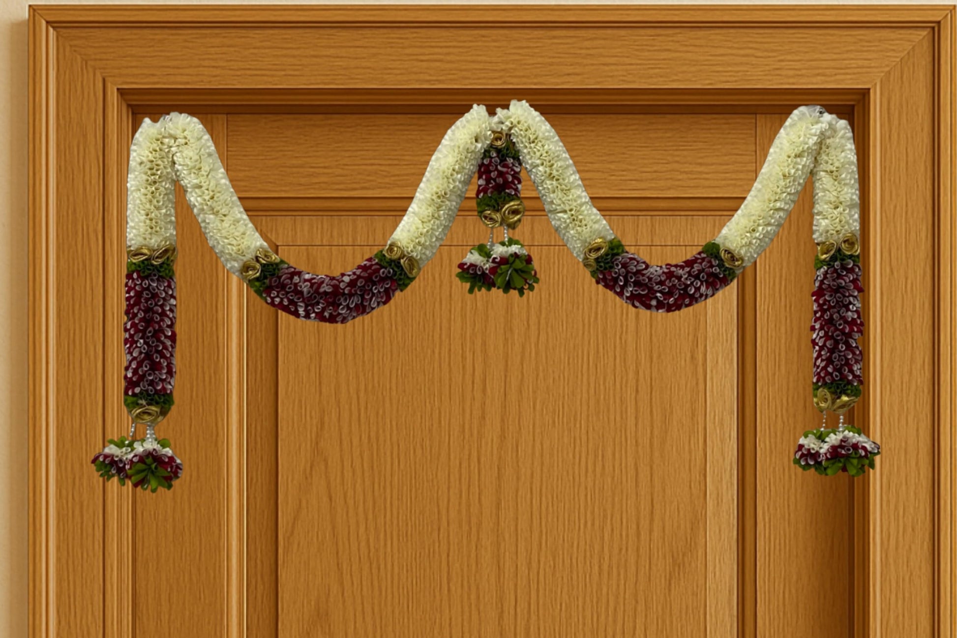 Artificial Flower Door Toran for Main Door Decoration, Golden Yellow & Maroon Floral Hanging Bandarwal for Home, Mandir, Wedding, Festival & Pooja Décor
