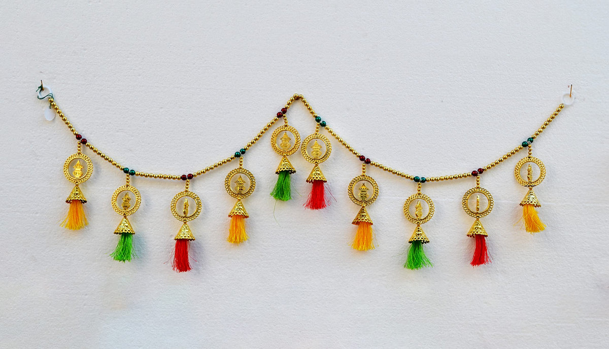 Kalash Pearl Beads Toran, Traditional Toranam, Pom Pom Hanging Bandarwal for Main Entrance Door Pooja Room Wall Home Decoration Handmade Latest Traditional Design (Type 12)