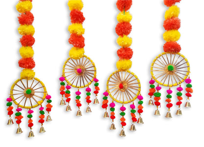 Artificial Marigold Fluffy Flowers Garland String with Bells Ring Pom Pom Rajasthani Wall Door Hanging Latkans Handmade Toran Decoration 2.9 Ft Height (4 Piece)