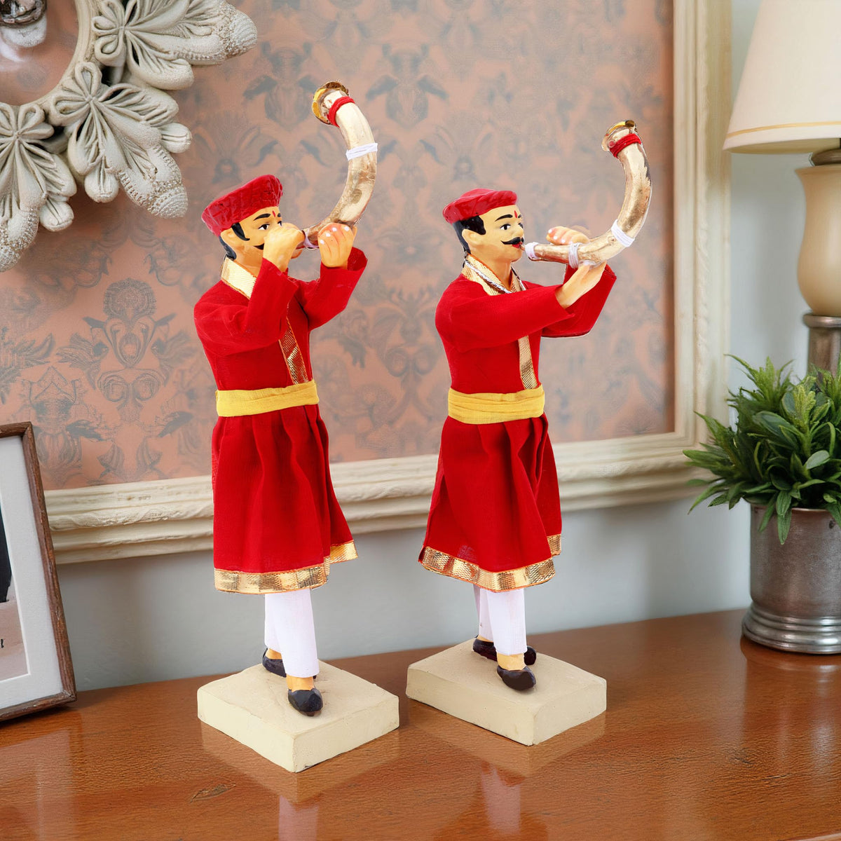Niharika Collections Handmade Clay Terracotta | MAVALA TUTARI Player - Set of 2 | Royal Horn Blowers Miniature Idols
