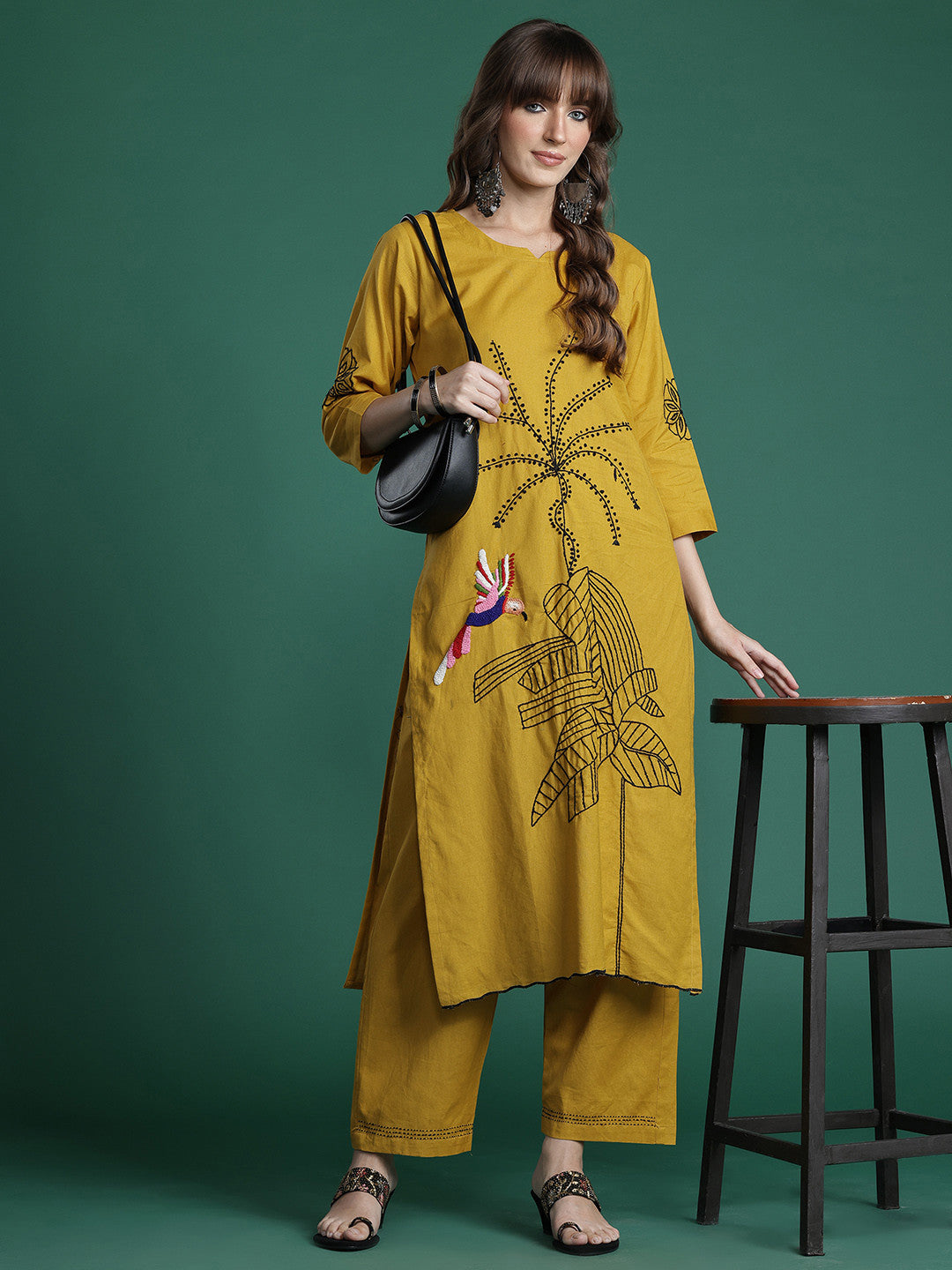 Floral Embroidered Pure Cotton Kurta with Trousers & Dupatta