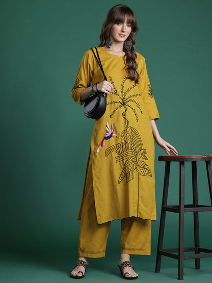 Floral Embroidered Pure Cotton Kurta with Trousers & Dupatta