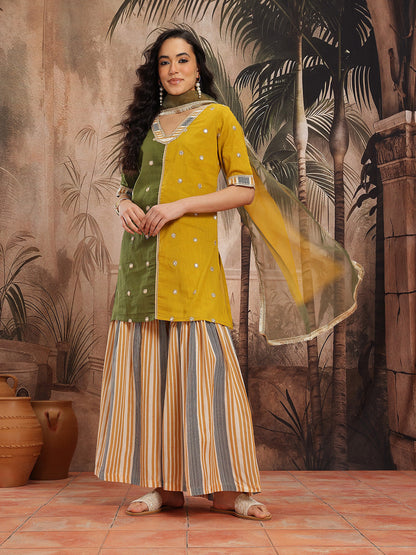 Floral Embroidered Gotta Patti Detail Pure Cotton Kurti with Sharara & Dupatta