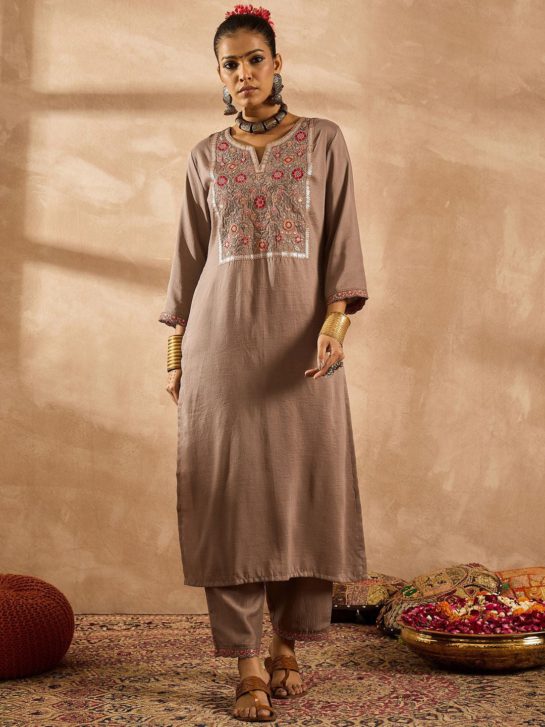 Women Ethnic Motifs Embroidered Regular Thread Work Kurta with Trousers & With Dupatta