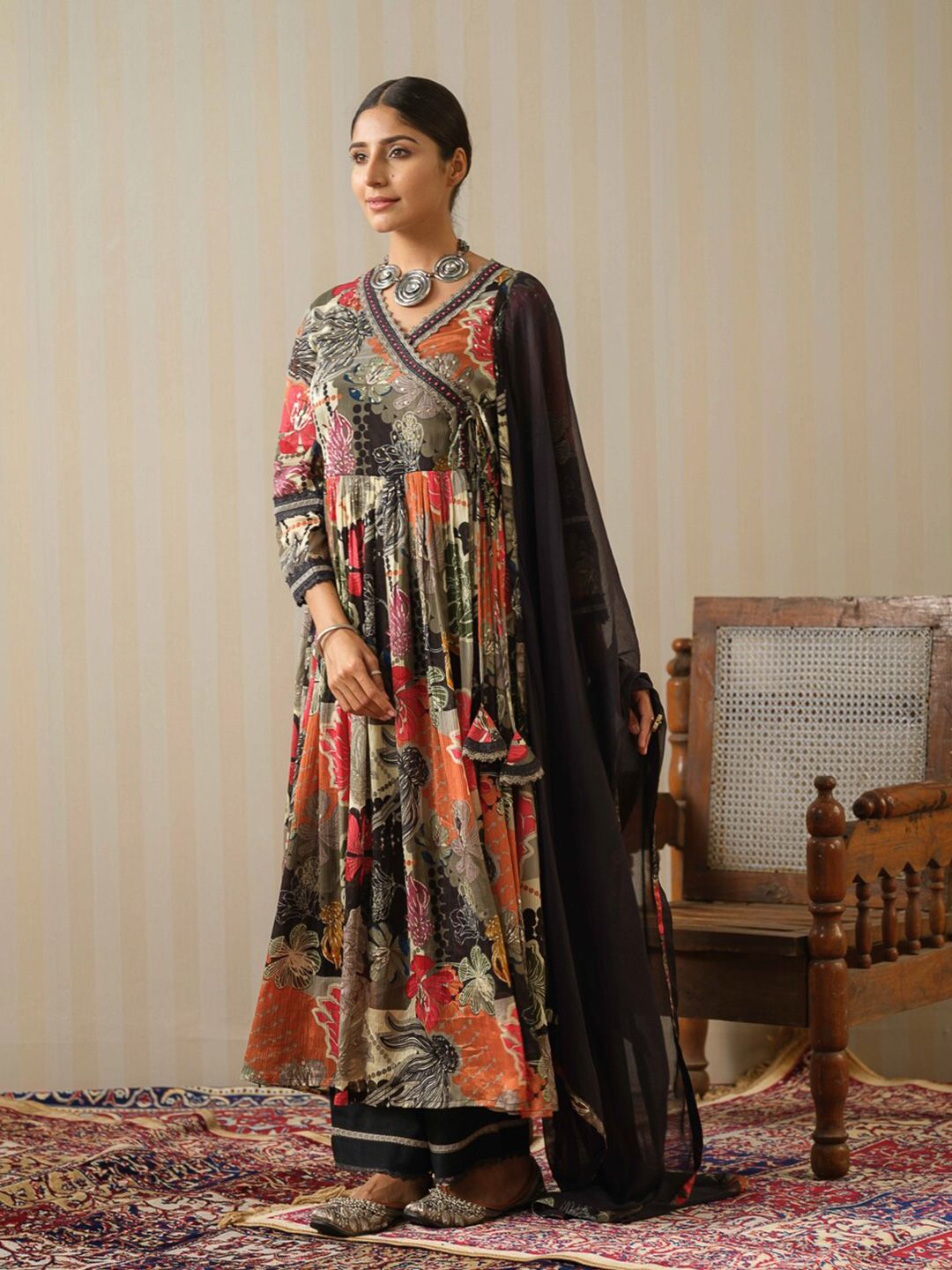 Dhiyona IS Women's Floral Printed Angrakha Sequinned Pure Silk Kurta with Trousers & Dupatta