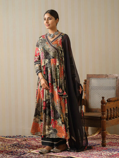 Dhiyona IS Women's Floral Printed Angrakha Sequinned Pure Silk Kurta with Trousers & Dupatta