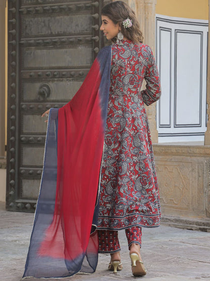 Dhiyona RR Women's Paisley Printed Mandarin Collar Cotton A-Line Kurta With Trousers & Dupatta