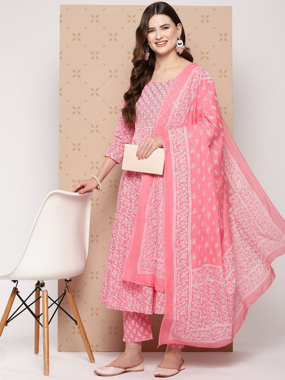 Dhiyona KL Pure Cotton Ethnic Motifs Printed Anarkali Kurta With Trousers & With Dupatta