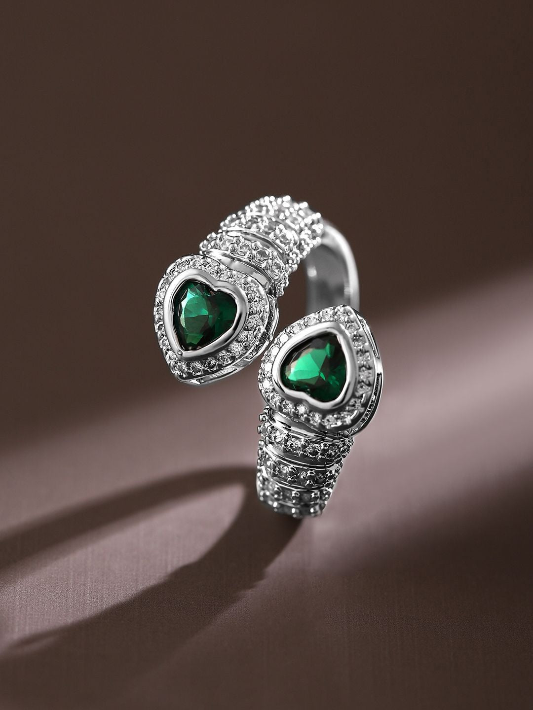 Dhiyona RJ Women's Rhodium Plated Emerald & Cubic Zirconia Studded Demi Fine Heart Motif Openable Ring