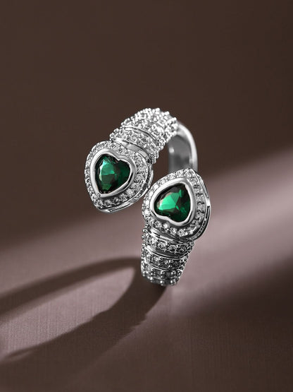 Dhiyona RJ Women's Rhodium Plated Emerald & Cubic Zirconia Studded Demi Fine Heart Motif Openable Ring