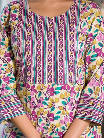 Dhiyona KL Floral Printed Regular Mirror Work Pure Cotton Kurta With Trousers & Dupatta