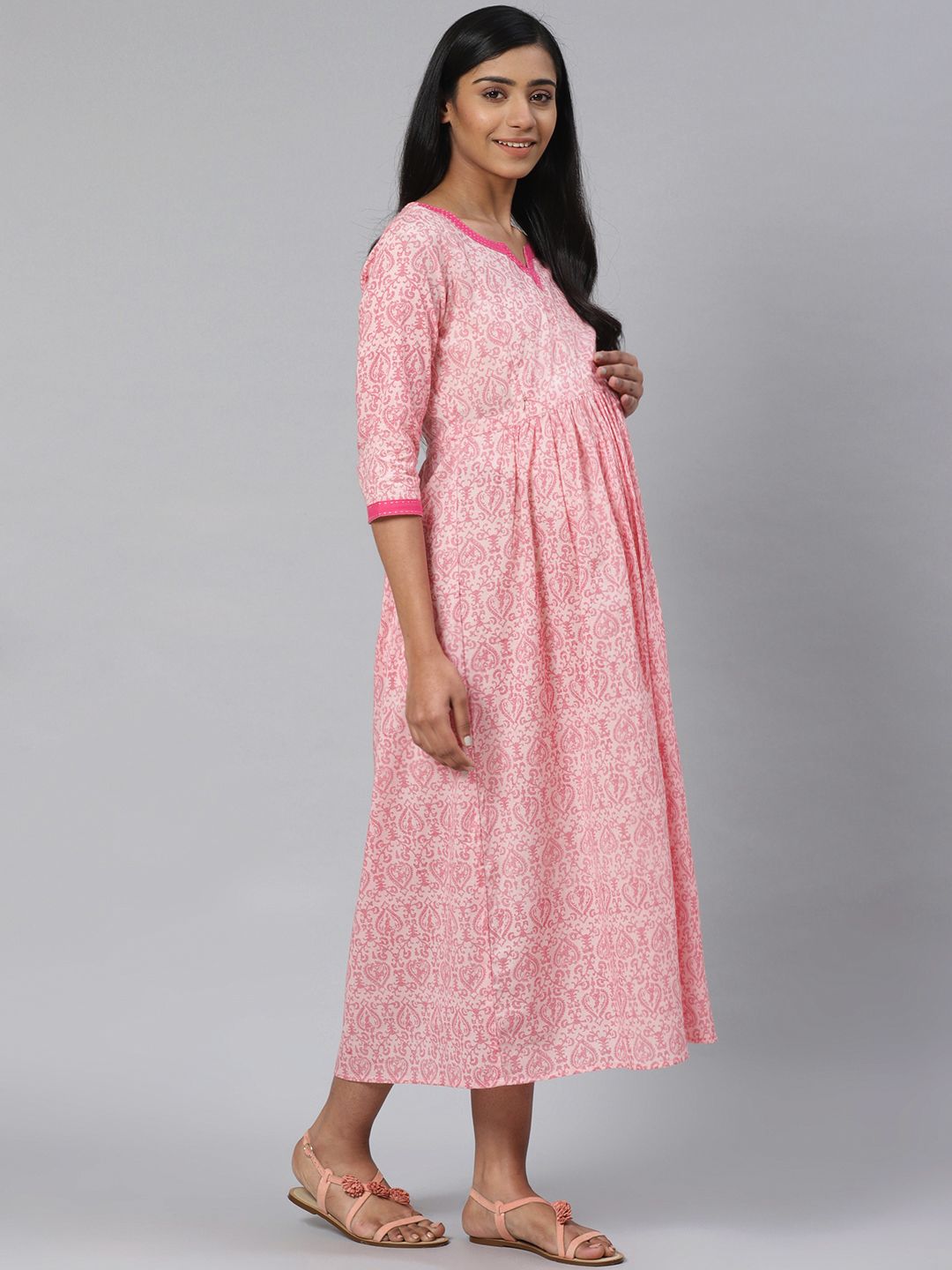 Dhiyona AY Women's Pink Printed Pure Cotton Maternity A-Line Dress