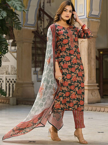 Dhiyona KL Women Floral Printed Round Neck Straight Kurta with Trousers & With Dupatta