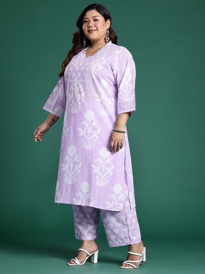 Dhiyona Women's Plus Size Floral Printed Sequinned Pure Cotton Kurta with Trousers & With Dupatta