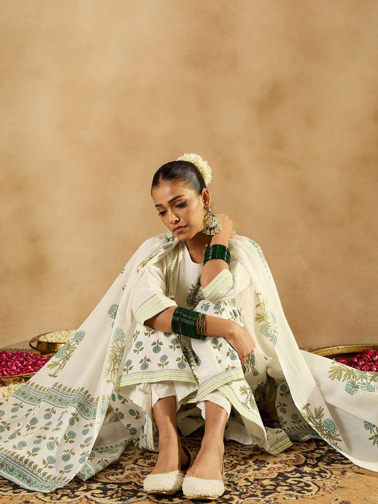 Floral Printed Empire Sequinned Pure Cotton A-Line Kurta With Trousers & Dupatta