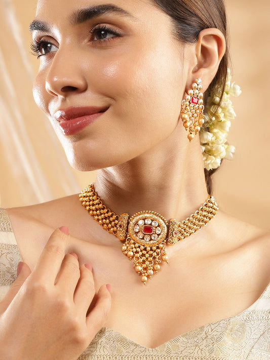 Dhiyona RJ Women's 22K Gold Plated Ruby & White Kundan Studded Choker Jewellery Set with Golden Beads