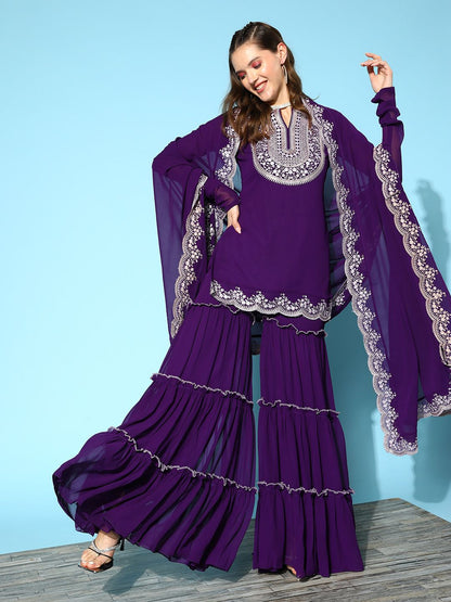 Dhiyona IN Ethnic Motifs Embroidered Thread Work Kurti With Sharara & With Dupatta