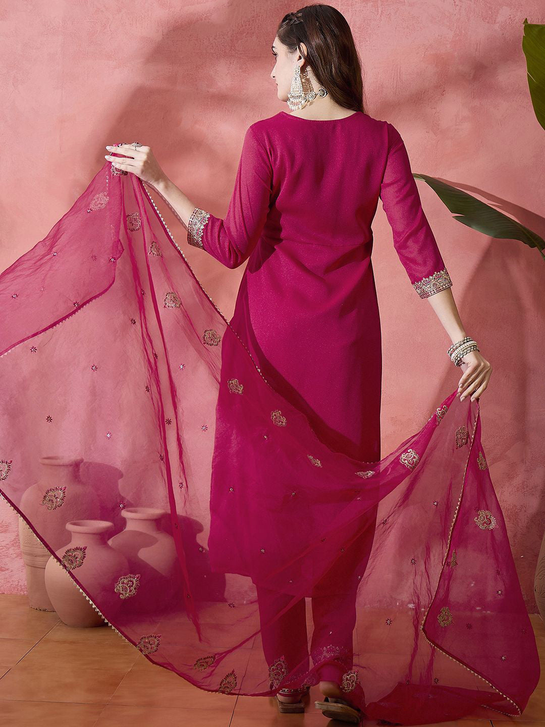 Maroon And Gold Pleated Zari rounnd Neck A-Line Kurta With Trousers And Dupatta