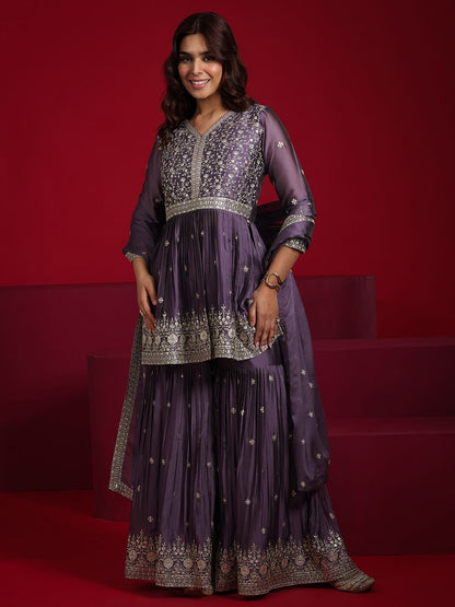 Dhiyona LL Floral Embroidered Sequinned Anarkali Kurta With Sharara & Dupatta